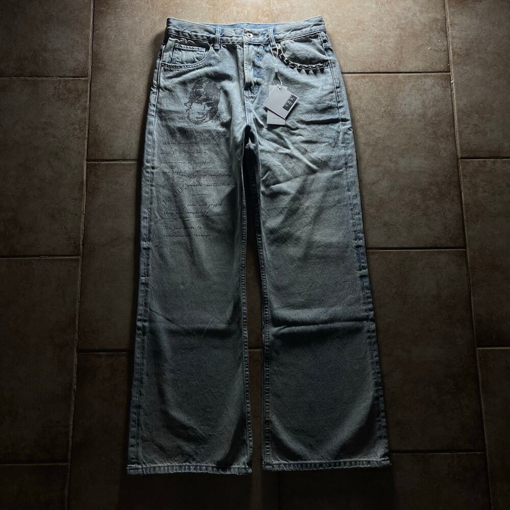 Vintage Printed Blue Baggy Denim Jeans